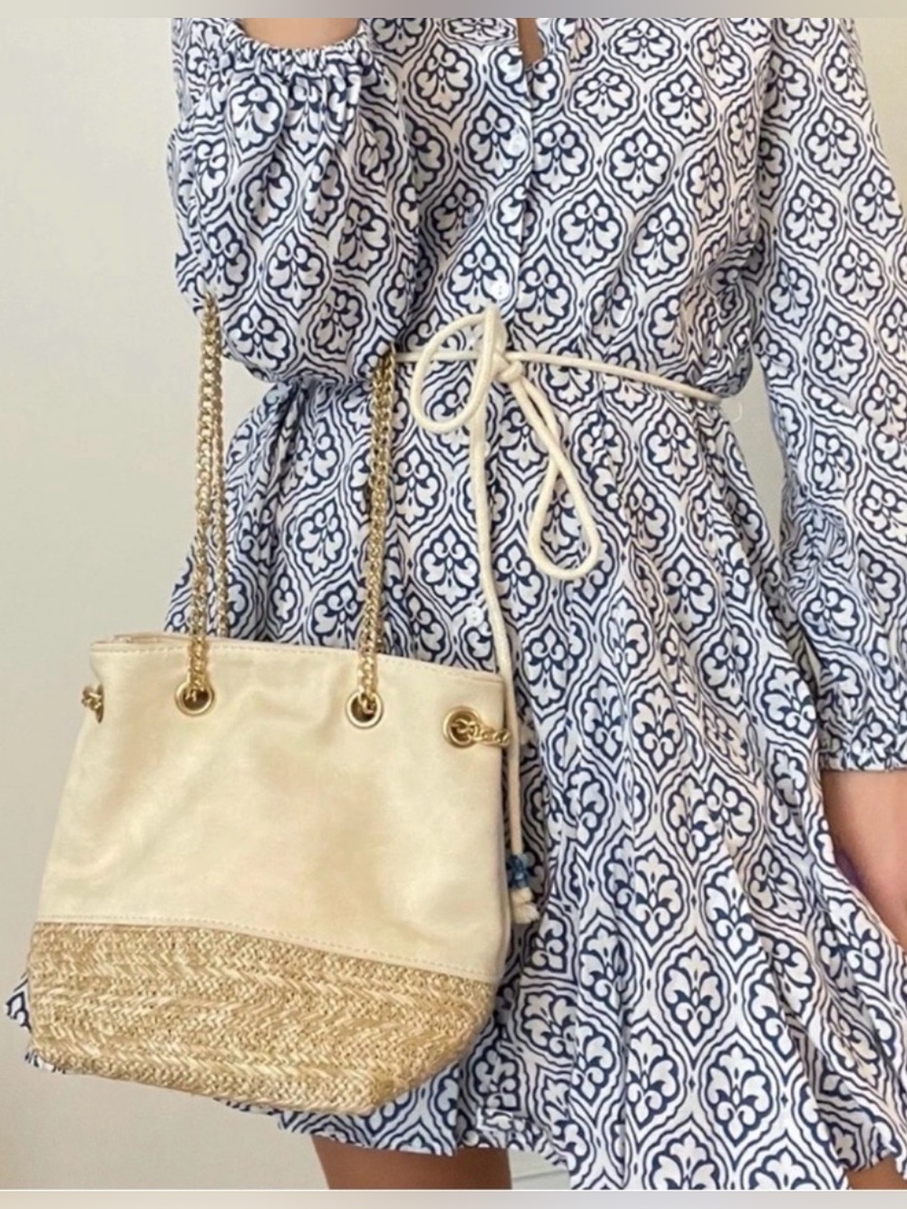 Faux suede and straw mini bucket bag gold chain strap summer spring neutral